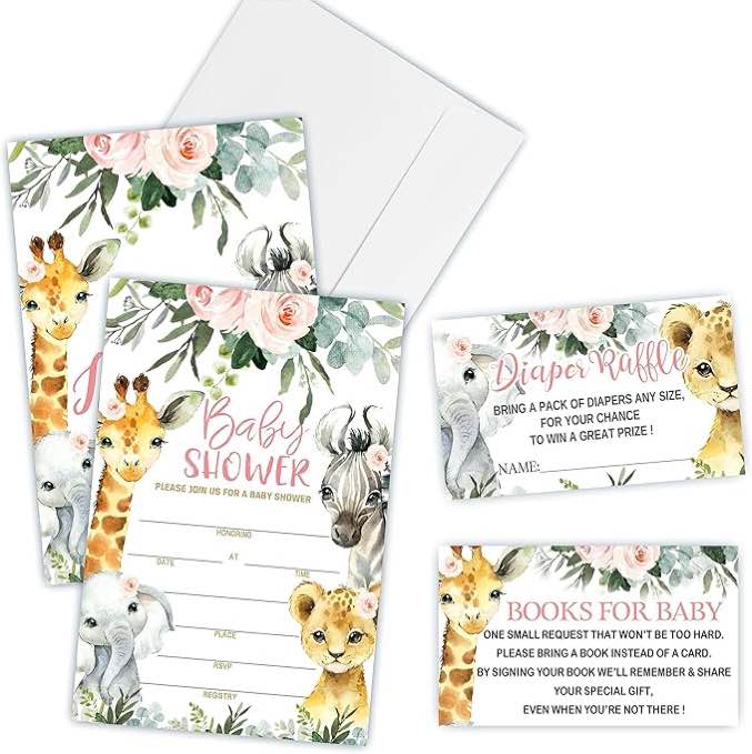 BBYTZ-A16 Floral Woodland Animals Baby Shower Invitation Set, 25 Invitations with Envelopes, 25 Diaper Raffle Tickets and Book Request Tickets, Baby Shower Supplies