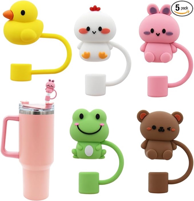 Straw Cover Cap for Stanley Cup,Silicone Straw Topper Compatible with 30&40 Oz Tumbler with Handle,10mm 0.4in Dust-Proof Reusable Straw Tips Lids (5Pcs Straw Cover Animal shape)