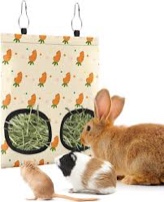 Bissap Rabbit Hay Feeder Bag, 2 Holes Hanging Hay Feeder Guinea Pig Hay Bag for Rabbits Bunny Chinchillas Hamsters Rats and Other Small Pets Small Animal - S (Beige)