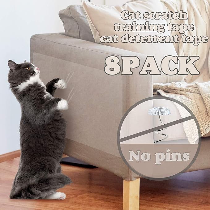 OIFIO Cat Couch Protector — Double Sided Clear Anti-Scratch Cat Deterrent Training Tape — 8-Pack Large Size and Pre-Cut Cat Furniture Protector for Your Home Protection — No Pins, Residue-Free