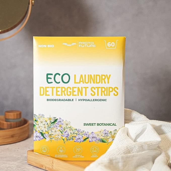 Proto Future Eco-Friendly Laundry Detergent Sheets - Biodegradable, Hypoallergenic, Zero Waste, Plastic-Free Eco-Strips - No Enzymes, Plant-Based Formula (Sweet Botanical, 60 Loads)