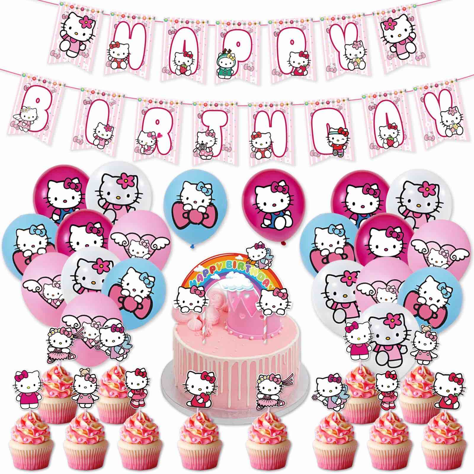 Kitty Birthday Party Supplies, Cute Kitty Party Favor Pink Party Decorations includes Happy Birthday Banner, Balloons, Backdrop, Cake Topper, Tablecloth, Hanging Swirl