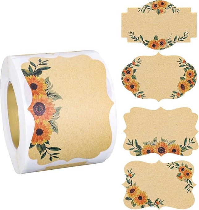 Whaline 200Pcs Sunflower Label Stickers Rustic Kraft Paper Canning Labels Spring Flower Self-Adhesive Jar Gift Tag Stickers Removable Labels for Jelly Homemade Food Containers Canning Lids, 4 Styles