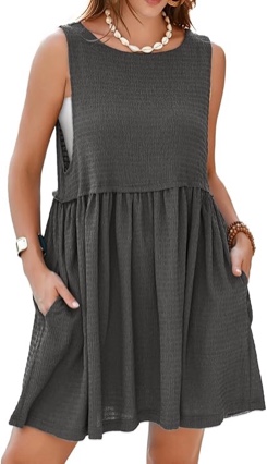 (Size L) Simplee Apparel Womens Sleeveless Flowy Summer Tunic Dress Crew Neck Casual Babydoll Mini Dresses with Pockets