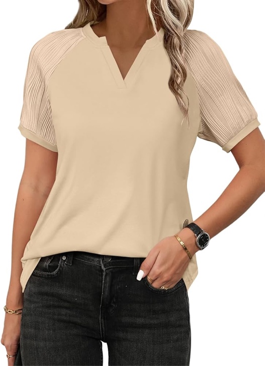 (Size S) EVALESS Petite Spring Summer Cute Going Out Tops for Women 2024 Trendy V Neck Textured Short Sleeve Knitted T Shirts Womens Fashion Business Casual Work Tops Loose Basic Dressy Blouses Apricot Small