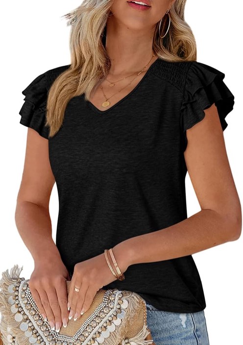PRETTYGARDEN Women's 2024 Summer Cute Tops Ruffle Cap Sleeve V Neck Loose Fit Blouses Dressy Casual Fashion Ladies Shirts (Black,Large)