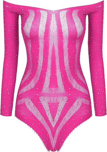 MUSIC LEGS Plus Size Fishnet Off Shoulder Bodysuit (Hot Pink)