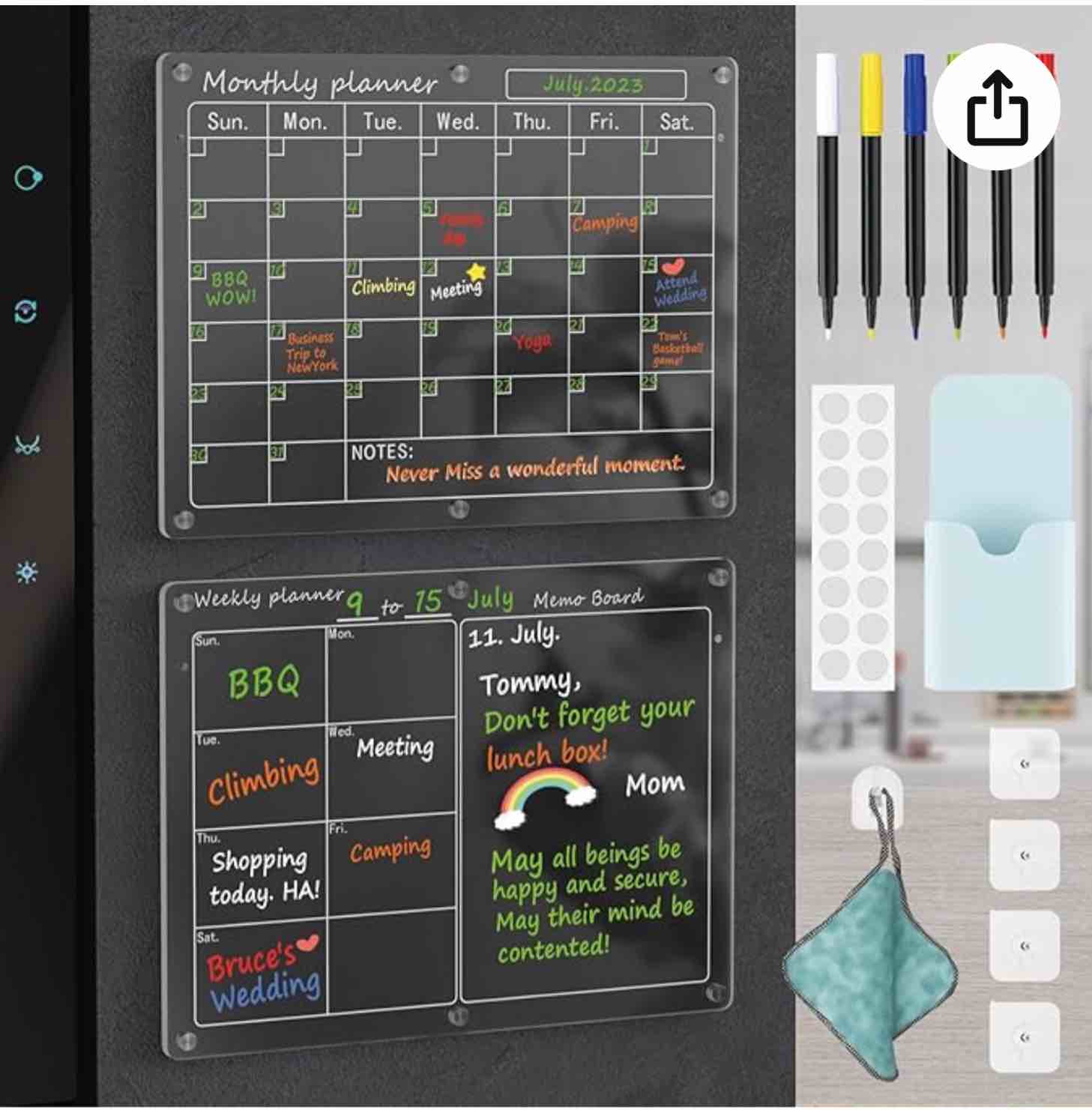 Magnetic Acrylic Calendar for Fridge,2 Pack 12"x16" Clear Fridge Calendar Dry Erase Magnetic Planning Boards Set Includes 6 Colorful Highlight Markers,Magnetic Pen Holder and Erase Towel
