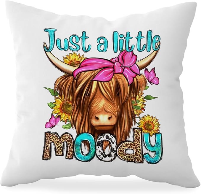 HONLUNG Western Cow Throw Pillow Covers 18x18,Just a Little Moody,Farmhouse Summer Flower Cow Decorate Pillow Covers for Bedroom Living Room Office Kids Room,Gift for Cow Lovers