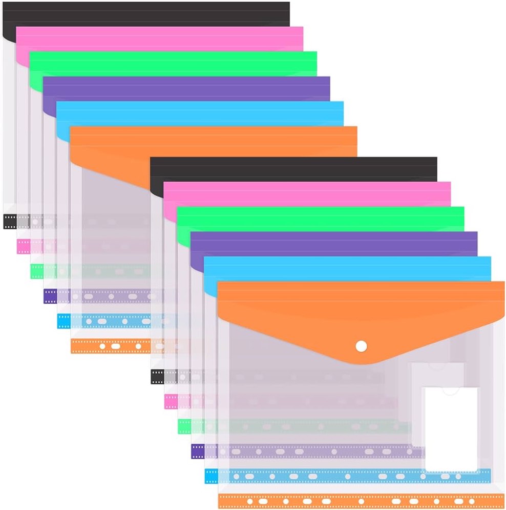 Toplive Binder Pockets, 12 Pack 11 Holes Binder Pouch Clear Poly Binder Envelopes Organizer Document Folders A4/Letter Size, Orange Green Pink