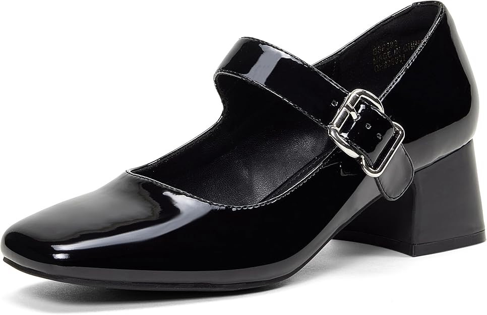 GENSHUO Women's Low Chunky Block Heels, 2 Inch Mary Jane Shoes Square Closed Toe Ankle Strap Dress Office Church Pumps, Patent Black, Size 7