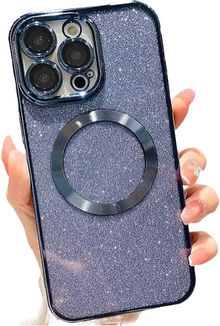 wahhle Magnetic Luxury Plating Cute Bling Phone Clear Case Cover with Glitter Card Compatible with Magsafe for Women Girls with Camera Protector(iPhone 12 Pro Max,Light Blue)