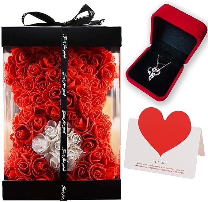 Rose Teddy Bear with Love Heart, Bear Made of Artificial Rose Flowers + Clear Gift Box + Card + Heart Rose Necklaces, Valentines Day, Mothers Day, Anniversary and Birthday Gift Ideas (Red, 10 inch)
