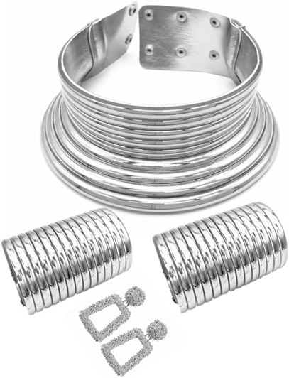 Fstrend African Choker Necklace Gold Leather Bib Choker National Tribal Collar Chunky Statement Necklace Jewelry Set for Women