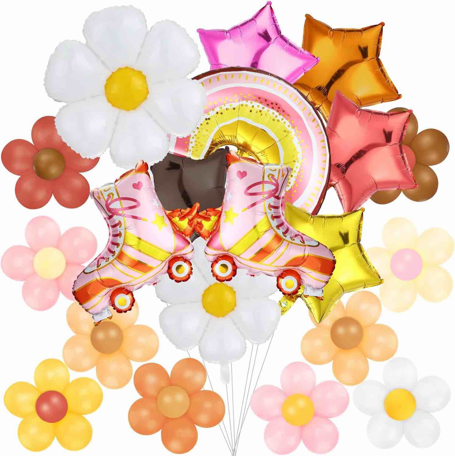 Glimin 118 Pcs Daisy Balloon Set Boho Rainbow Balloon Groovy Balloons Groovy Party Decorations Star Foil and Pink Roller Skate Balloons for Hippie Birthday Baby Shower Party Supplies