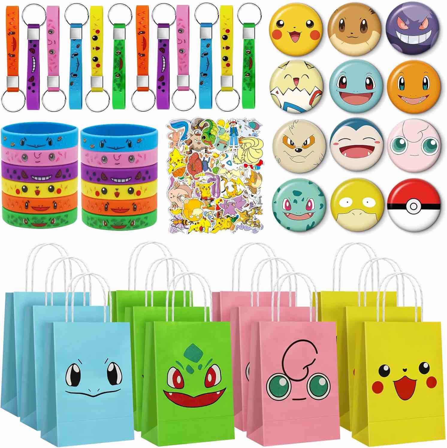 Anime Cute Poke-mon Party Favors, 102 Pcs Pika-chu Birthday Party Supplies, Gift Bag, Goodie Bag, Bracelet, Key Chain, Button Pins, Stickers for Cartoon Themed Party Supplies Classroom Rewards Christmas Prizes for Boys Girls