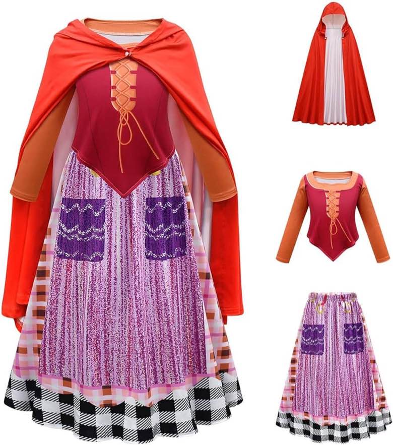 Mary Sanderson Cosplay Costume Dress Kid Girls Halloween Witch Costume Cosplay Outfit Fancy Witch Dress And Cloak Set For Carnival Birthday Party Role Play Clothes