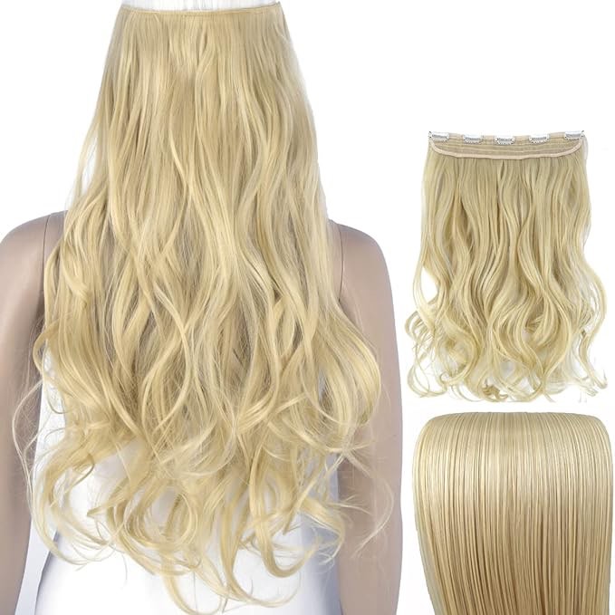 TOPREETY Wavy 22"120gr 3/4 Full Head clip in hair extensions 5 Clips Attached Hairpieces (Bleach honey blonde #613A)