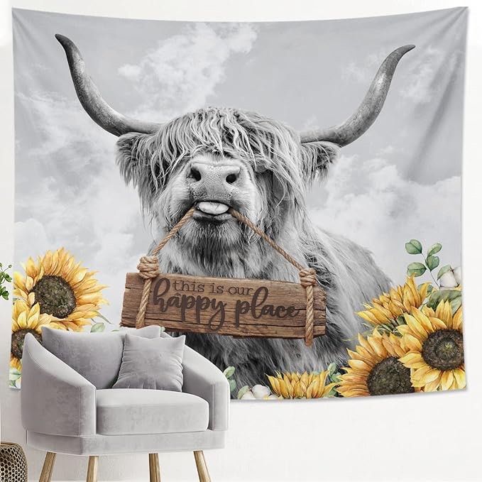 TPHIHPT Cow Tapestry Western Country Grey Animal Tapestry Aesthetic Tapestry for Bedroom Living Room 59x51 Inch