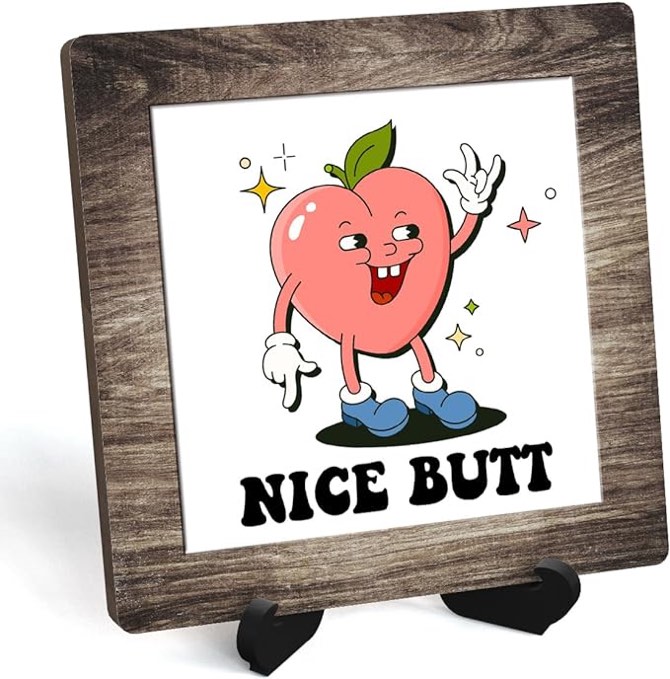 Bathroom Plaque with Wooden Stand, Nice Butt Peach Desk Decor Wood Sign, for Bathroom Shelf Toilet Restroom Home Tabletop Desk Decor -05