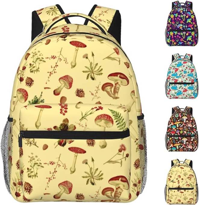 OPZAEUV Cute Mushroom Backpack for Women Men 17 Inch Colorful Mushroom Print Backpack Casual Travel Laptop Backpack