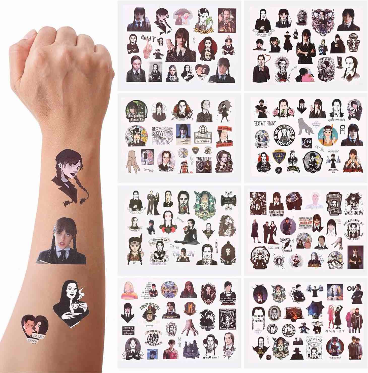 Wednesday Temporary Tattoos, 8 Sheets Cartoon Wednesday Movie Theme Birthday Party Supplies Favors Tattoos Stickers Party Decorations for Classroom School Prize Boys Girls Carnival