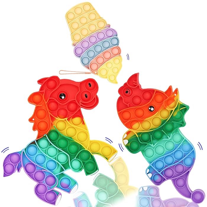 Push Popper Pop Bubble Sensory Fidget Toys — 3 Packs Push it Fidget Toys, Autism Stress Reliever Squeeze Silicone Anti Anxiety Fidget it Toy for Kids/Boys/Girls/Adults (Dinosaur+Horse+Ice Cream)