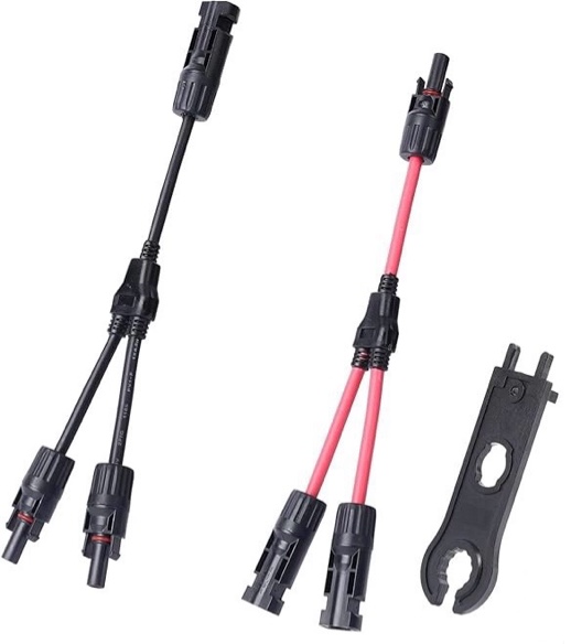 Solar Y Branch Connectors Panel 30A — Solar Splitter 10 AWG, Solar Panel Parallel Connectors 1 to 2 Wire Plug Tool Kit (1*M/FF + 1*F/MM + 1 Spanner)