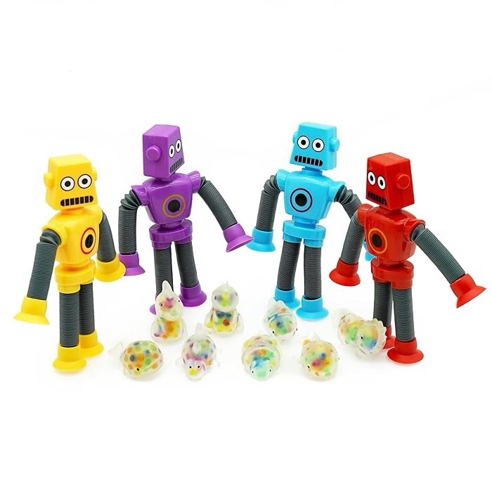 4 Pieces Telescopic Suction Cup Robot Toy, 8Pcs Mochi Squishy Toys, Robotics Pop Tubes Dinosaur Sea Animals Squishies, Pop Tubes Sensory Toy for Kids Party Favors (12 Pack)
