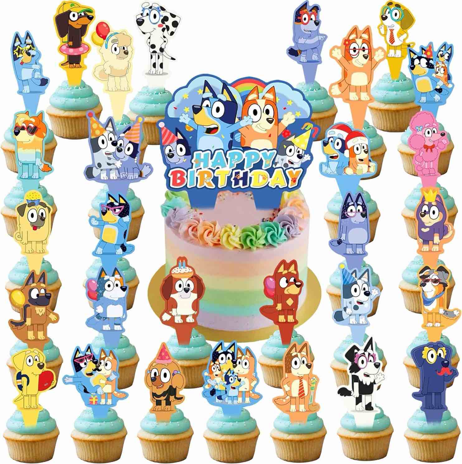 Blue Dog Cake Topper 30Pcs Bluey Birthday Party Supplies Cupcake Decorations for Kids