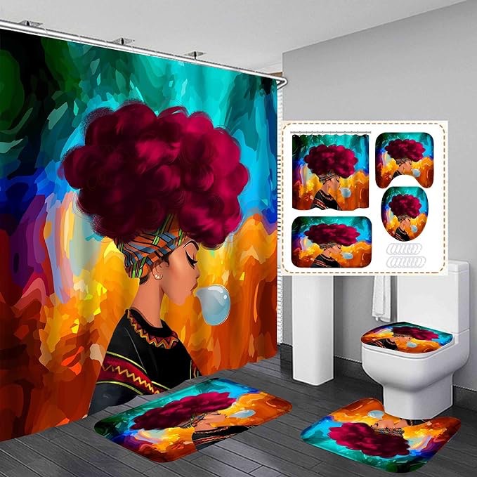 African American Woman Shower Curtains for Bathroom, 4PCS Bathroom Sets Include 1 Fabric Shower Curtain, 2 Non-Slip Bathroom Rugs and 1 Toilet Lid Cover, Black Girl Bathroom Decor (Red)