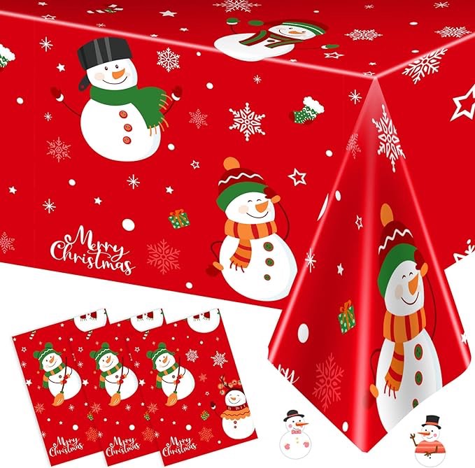 Xunrmome 3 Pieces Christmas Tablecloth Christmas Snowman Tablecloth Christmas Stickers Christmas Party Supplies Plastic Table Cover for Merry Christmas Party Decorations 54 x 108 Inch