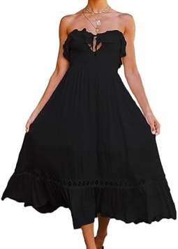 (Size XL) DXIOT Strapless Smocked Ruffle Midi Dress for Women Summer 2023 Boho Sexy High Waist Tie Backless A Line Beach Dresses