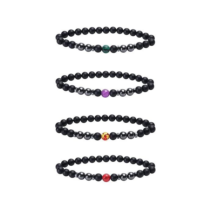 4 Pcs Anti-Swelling Black Obsidian Anklet - Magnet Hematite Therapy Bracelet Anklet Adjustable Obsidian Beaded Bracelet Anxiety Relief Magnet Stretch Anklet Bracelet for Men Women