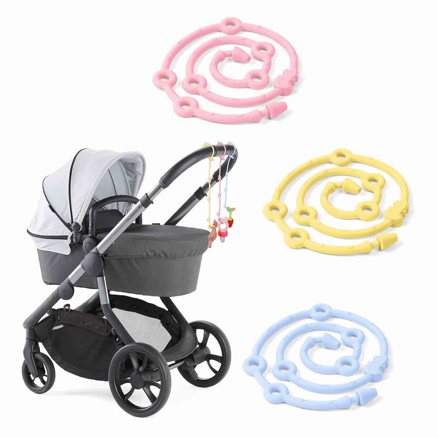 Vicloon Cup Catcher, Pack of 3 Seat Belts for Toys, Drinking Cup Holder Strap, Adjustable for Pram/Baby Carrier/Car Seat, 100% Food Grade Silicone, BPA-Free (Blue + Pink + Yellow)