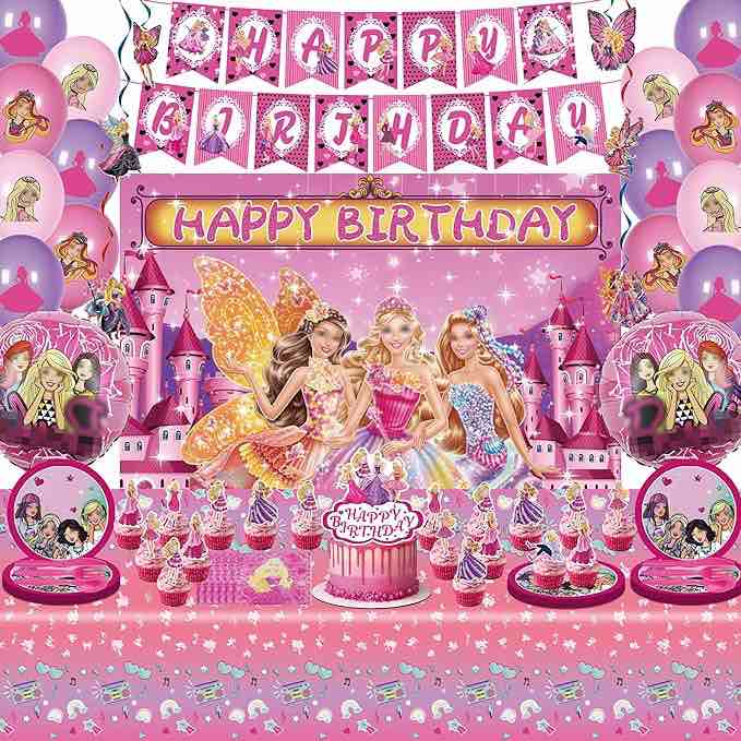128 Pcs Pink Style Party Decorations, Pink Theme Birthday Decorations Include Banners, Tablecloth, Cake & Cupcake Topper, Backdrop, Tablewares, Balloons, Hanging Swirls, Napkins for Girls