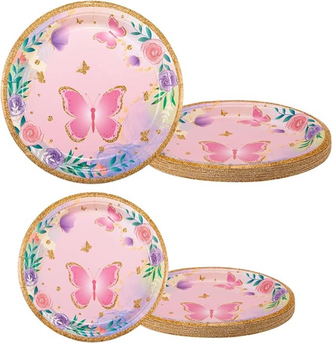 LEHIYIJIA Birthday Party Supplies 32pcs serves for 16, 7” and 9” Party Paper Plates for Birthday Party Decortions, Baby 1 Year Old Party Supplies (butterfly32pcs(7"+9"))