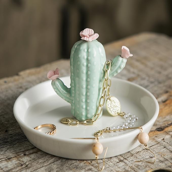Cactus Ring Holder Dish, Ceramic with Little Flowers Jewelry Tray, Birthday Thanksgiving Christmas Valentine'sDay Mother's Gifts for Girls Sister Friends, Trinket Dish as Living Room,Bedroom,Bathroom
