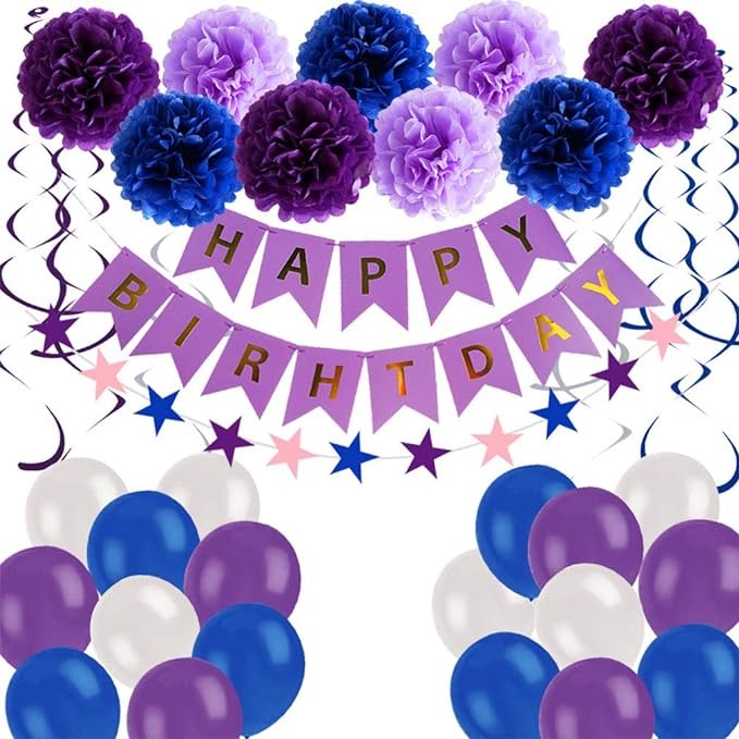 Birthday Party Decoration Men Blue Purple Happy Birthday Banner Balloon Decoration Children Girls Women Birthday Party Decoration, Suitable for Family, Colleagues and Friends of the Birthday Party