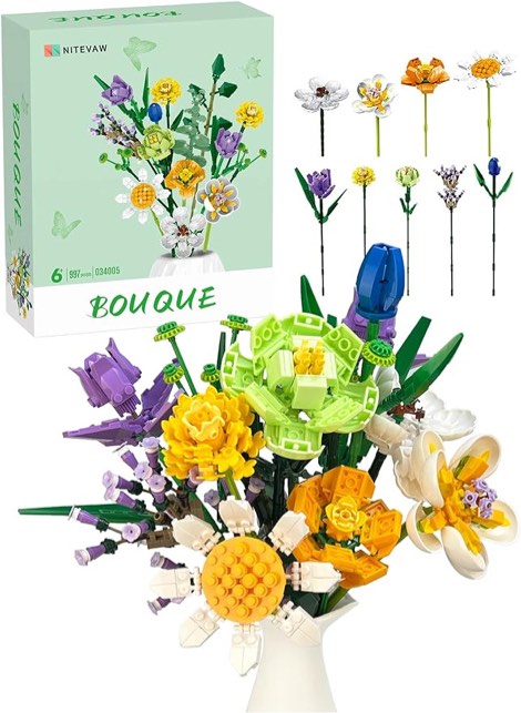 Nitevaw Flower Bouquet Building Kits Flower Building Blocks Sets for Adults and Kids 997 Pcs Artificial Flower Building Set for Mother Home Decoration, Compatible with Lego Set (Sunflower and Tulip)