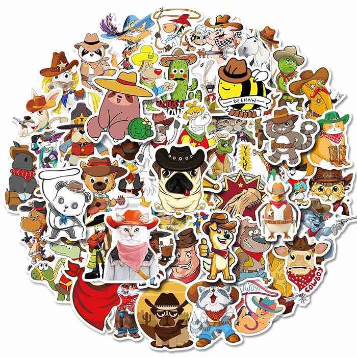 ACCODONE Cute Waterproof Stickers, Cartoon Western Cowboy Style Animal Sticker Pack for Mugs, Luggage, Skateboards, Diaries, Notes, Computers, Cell Phones, Stationery and More