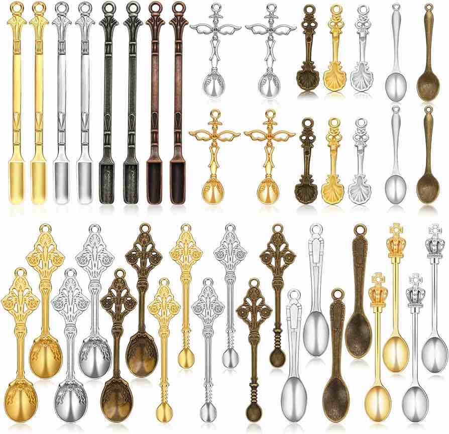 BENOSPACE 42 Pieces Mini Spoons with Shovel Charm, Medicine Spoon, Kitchen Charm, Tobacco Spoon, Craft Accessory for Jewelry Making, Necklaces, Bracelets, Keychains, Small Tableware for Spoon Supplies