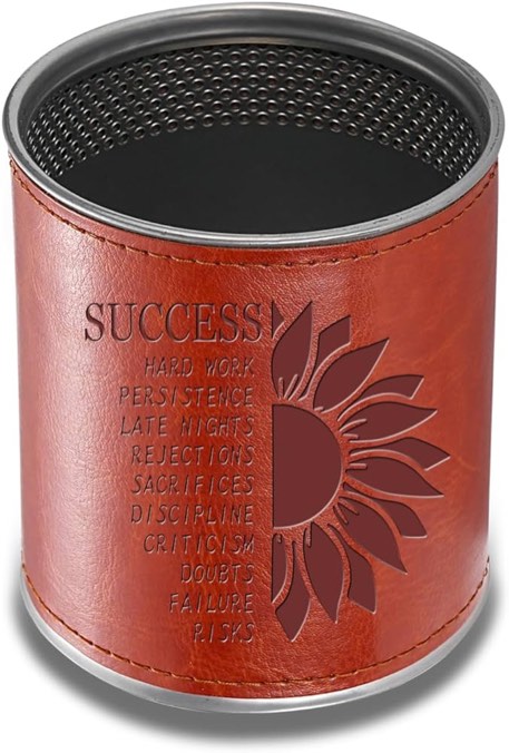 ZQMNHP Leather Pen Holder for Desk — Pencil Cups Desk Accessories Holder, Inspirational Poetry Quotes Leather Pen Holder (Success)