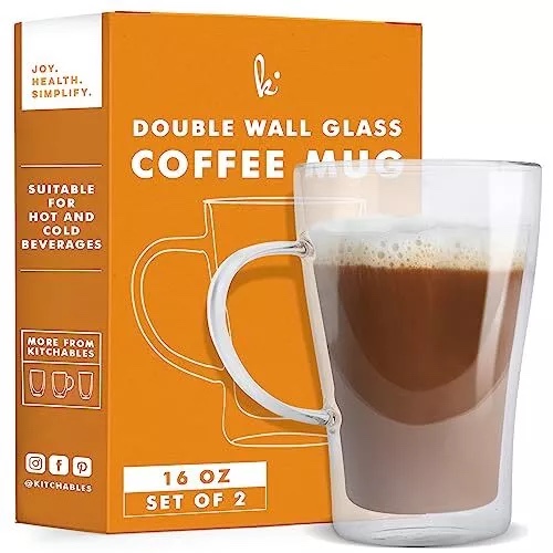 Kitchables Double Wall Glass Coffee Mugs Set of 2, 16oz with Handle Insulated Glass Coffee Mug with Handle, Clear Coffee Mugs, Tasas Transparente Para Café Bonitas