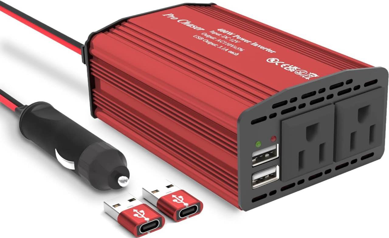 400W Car Power Inverter 12V DC to 110V AC Car Truck RV Inverter 6.2A Dual USB Charging Ports for Road Trips (Type C Adaptors Included)