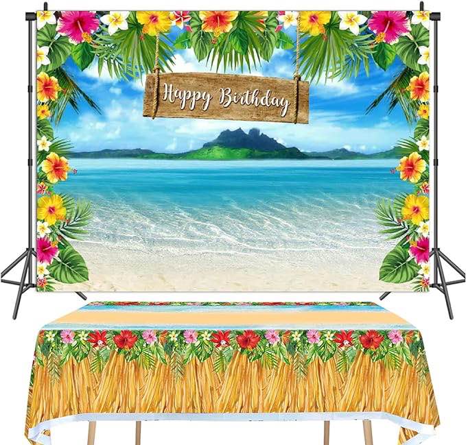 JUSHENGYUAN Moana Themed Backdrop and Tablecloth Luau Beach Summer Hawaiian Brown Grass Tablecloth 52x86inTropical Palm Leaf Flowers Baby Shower Birthday Party Banner Photo Booth Decoration (5x3ft)