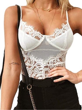 Kaei&Shi See Through Lingerie V-Neck Floral Lace Babydoll Sexy Lingerie for Women One Piece Bodysuit (Medium)