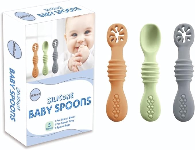 Biolinco Silicone Baby Spoons for Baby Led Weaning Supplies, First Stage Baby Feeding Supplies,Toddler Self Feeding Utensils Baby Training Spoon at 6 Months