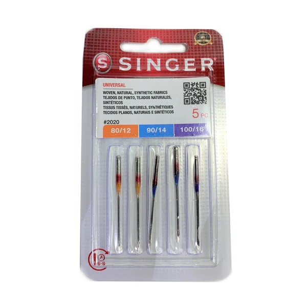 SINGER 5-Pack Universal 2020 Sewing Machine Needles, Assorted, Size 80/12, 90/14, 100/16