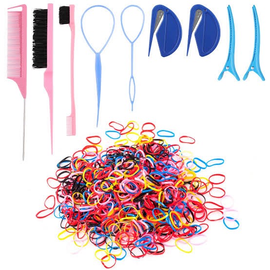 (Rubber Band-Pink) - 79style 1000pcs Pink Rubber Bands With Braiding Hair Ties Tools, 2pcs Eleatic Cutter Ponytail Remover, 1pcs Teasing Brush,1pcs Rat Tail Comb, 1pcs Double Sided Edge Brush, 2pcs